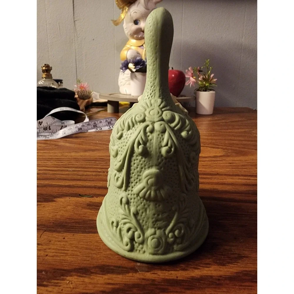 Vintage Sage Green & Ivory Cameo Collectible Bell Jasperware